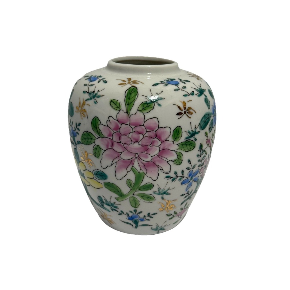 Chinoiserie Hand Painted‎ Floral Porcelain Vase Peony Butterfly Gold Accent